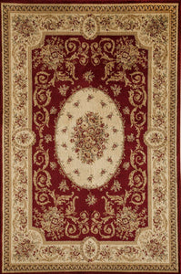 Luxurious red and cream rug with intricate floral patterns and a central medallion, perfect for classic and elegant interiors.