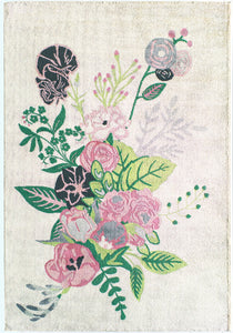 Elegant floral rug with a vibrant design featuring pink, green, and black flowers on a cream background.