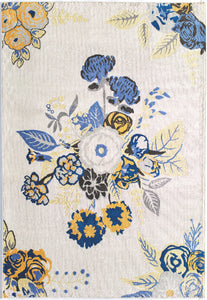 Floral area rug with blue and yellow flower pattern on a cream background, perfect for adding a touch of elegance to any room.