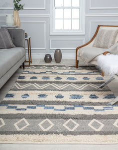 Our beautiful Yves,Eternal,Yves Eternal,5’0”x7’0”,Moroccan,Pile Height: 1,Cotton,Hi Lo,Moroccan,Tribal,Gray,Blue/White ,India,Rectangle,YV10A Area Rug