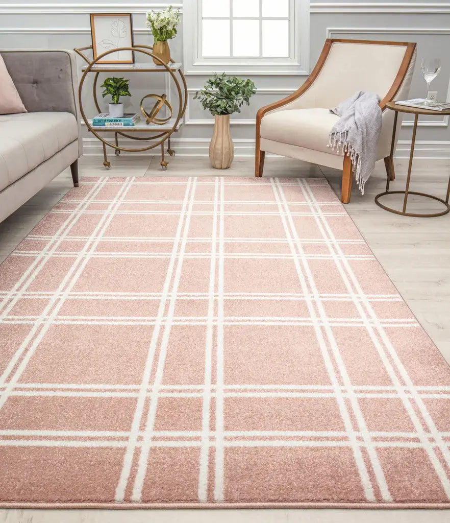 Modern area rug with a pink and white grid pattern, adding a stylish and contemporary touch to any living space.