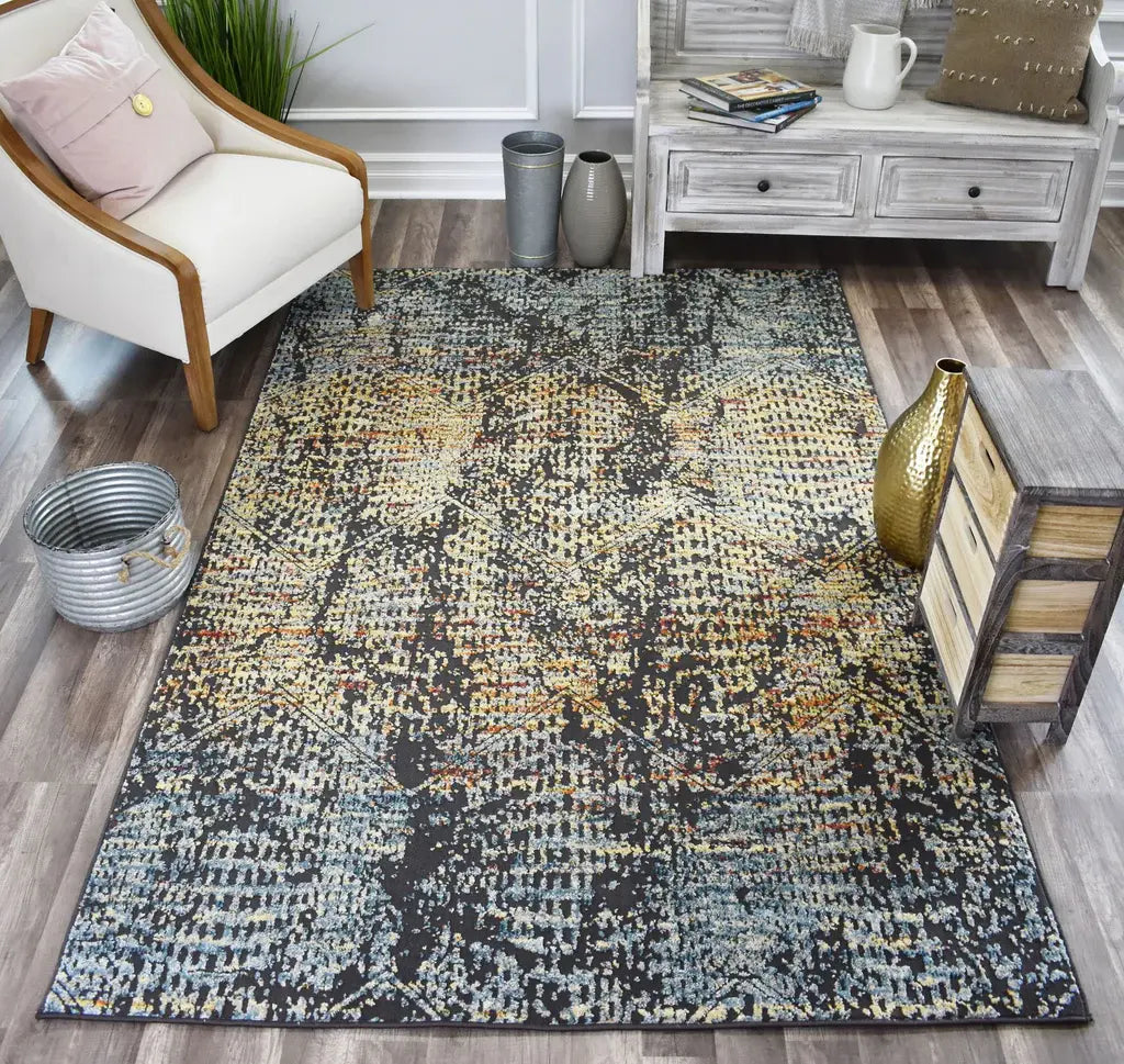 Stylish living room with a black and gold abstract patterned rug, white armchair, rustic wooden furniture, and modern decor elements.