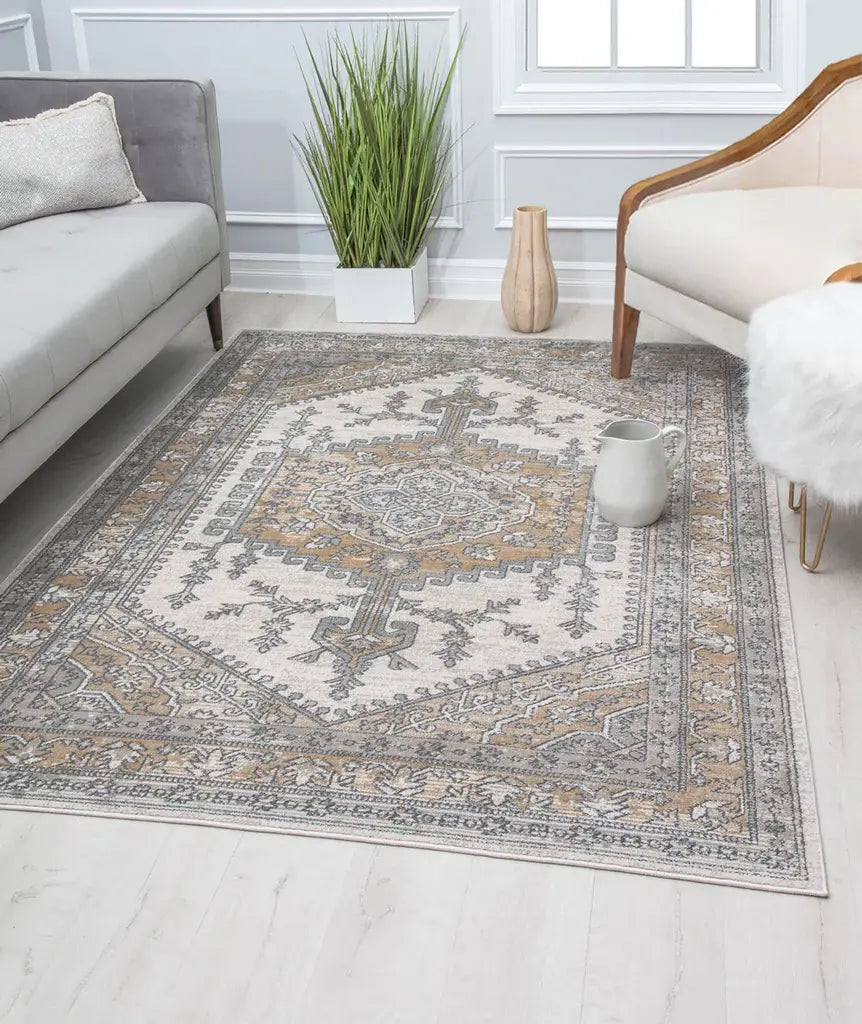 Elegant living room with a gray, white, and gold ornate patterned rug, gray sofa, white armchair, and green plant for a sophisticated look